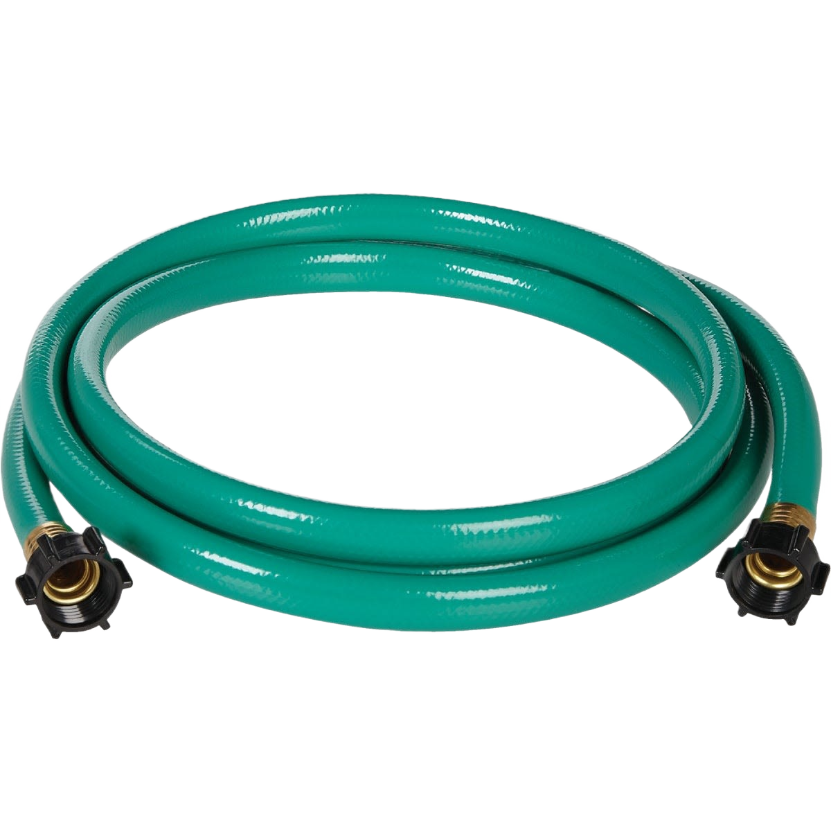 Green garden hose with brass female couplings designed for home improvement and gardening use