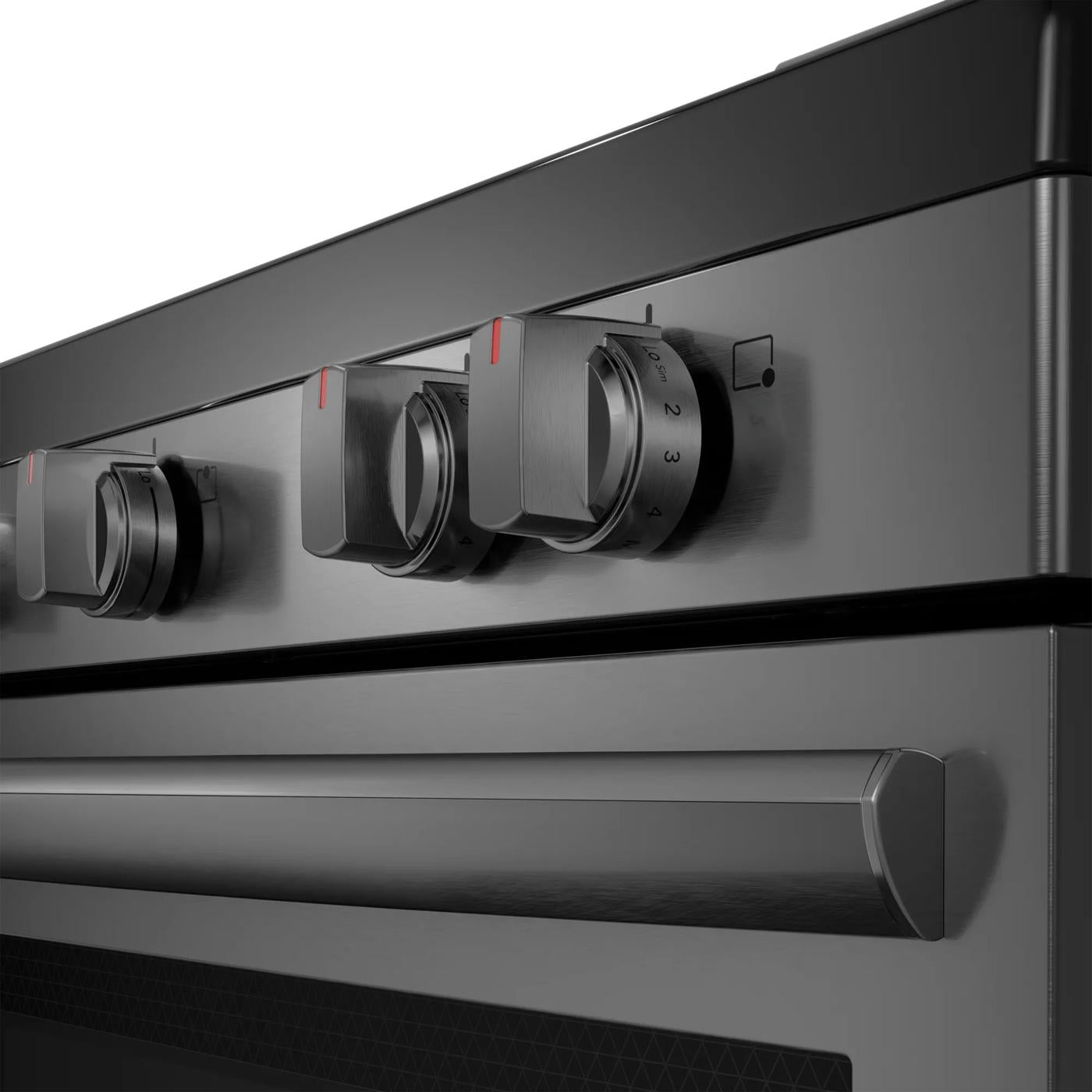 Close-up of matte black rear control knobs and handle on electric range from Ranges & Kitchen & Kitchenware collections