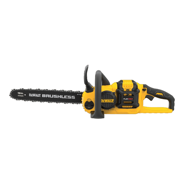 Yellow and black cordless brushless chainsaw with flexible battery system for efficient home improvement cutting tasks