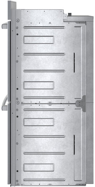 Side view of a Benchmark double wall oven showing metallic construction details for kitchen appliance installation