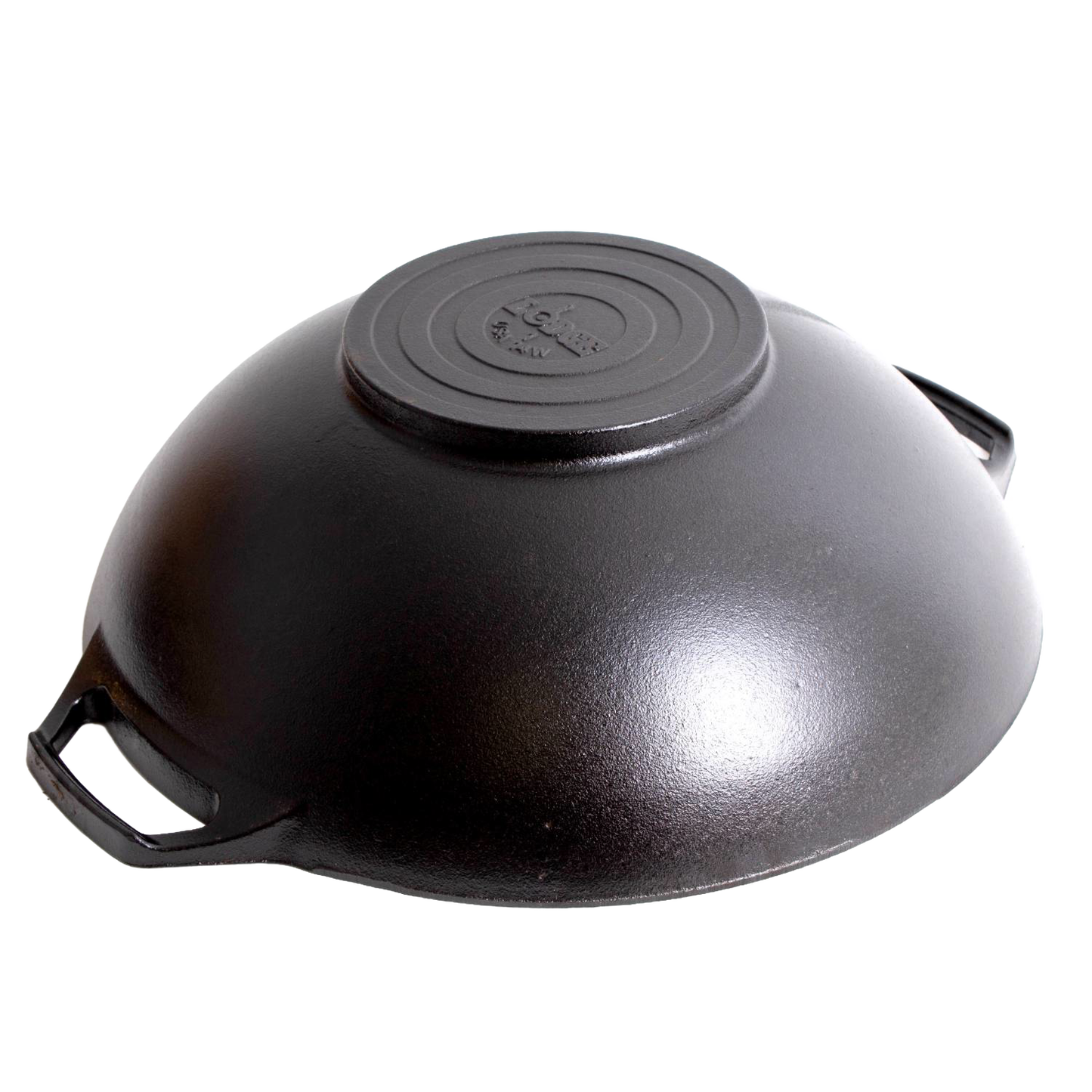 Black cast iron wok shown upside down with wide base and side handles, part of Lodge Cast Iron and Kitchenware collections