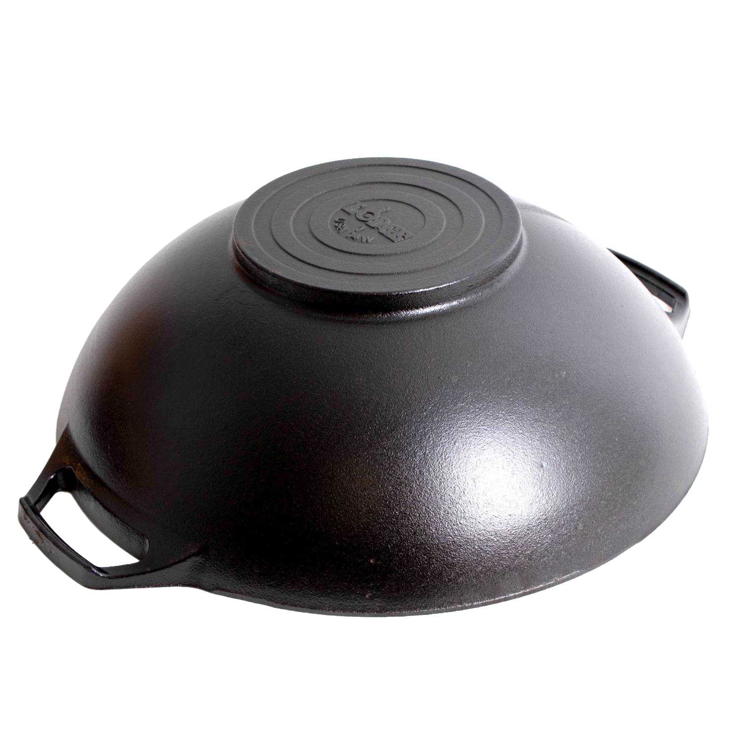 Black cast iron wok shown upside down with wide base and side handles, part of Lodge Cast Iron and Kitchenware collections