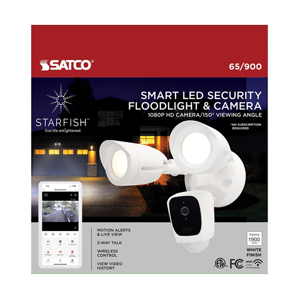 White smart outdoor security camera and LED floodlight with motion alerts and two-way talk for home surveillance and safety lighting