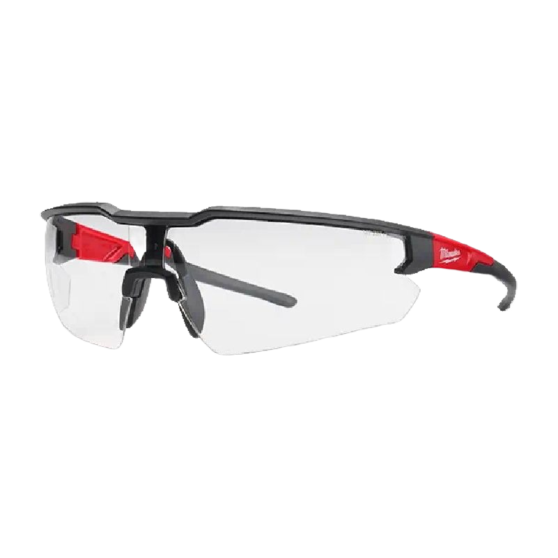 Clear safety glasses with black and red frame featuring +1.00 magnification lens for protection in tools and home improvement tasks