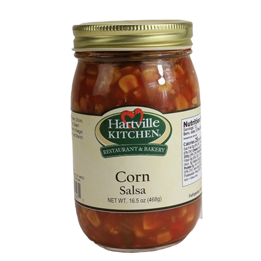 Glass jar of Hartville Kitchen corn salsa with gold lid in salsas and food & beverage collection under $50