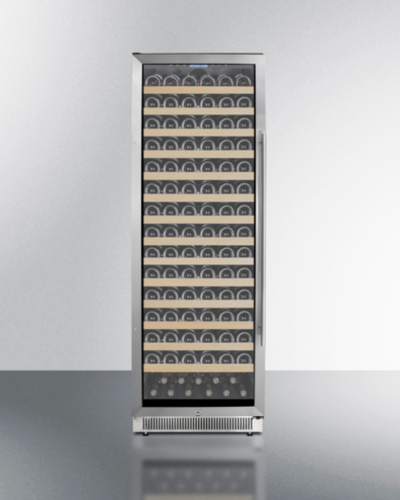 Slim stainless steel wine cooler with wooden racks and digital temperature controls from Appliances collection