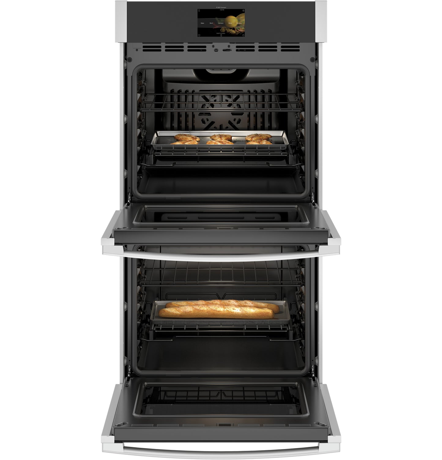 Open double stainless steel smart convection wall oven with baked bread inside in Kitchen & Appliances collections