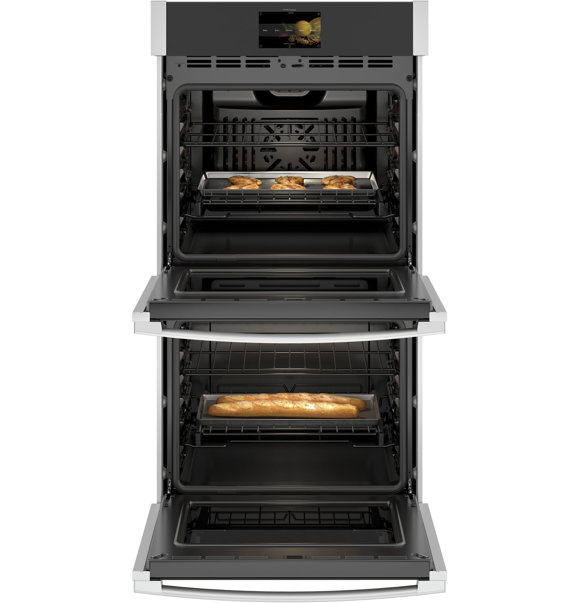 Open double stainless steel smart convection wall oven with baked bread inside in Kitchen & Appliances collections