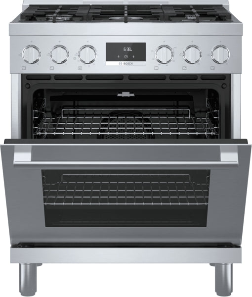 Stainless steel 30-inch gas range with open oven door, metal knobs, and digital display in kitchen appliances collection