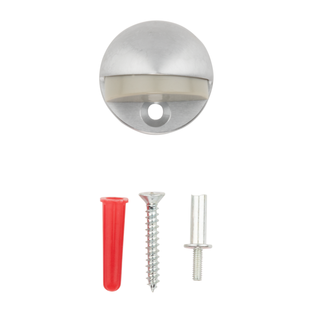 Half-moon brushed nickel floor door stop with rubber buffer and included mounting hardware in door accessories under $50