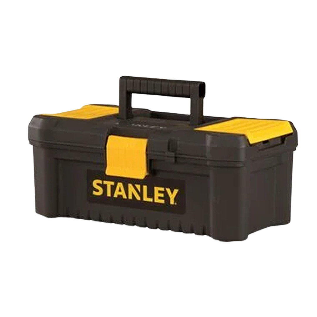 Compact black and yellow portable toolbox with sturdy handle for organizing tools and home improvement supplies