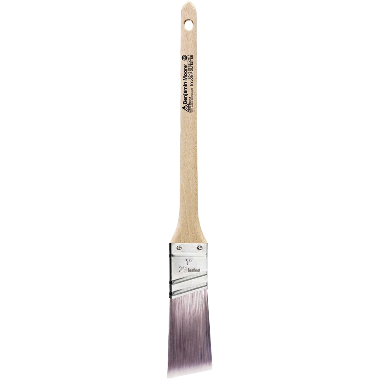 Thin angled paint brush with firm nylon/polyester bristles and wooden handle for home improvement projects