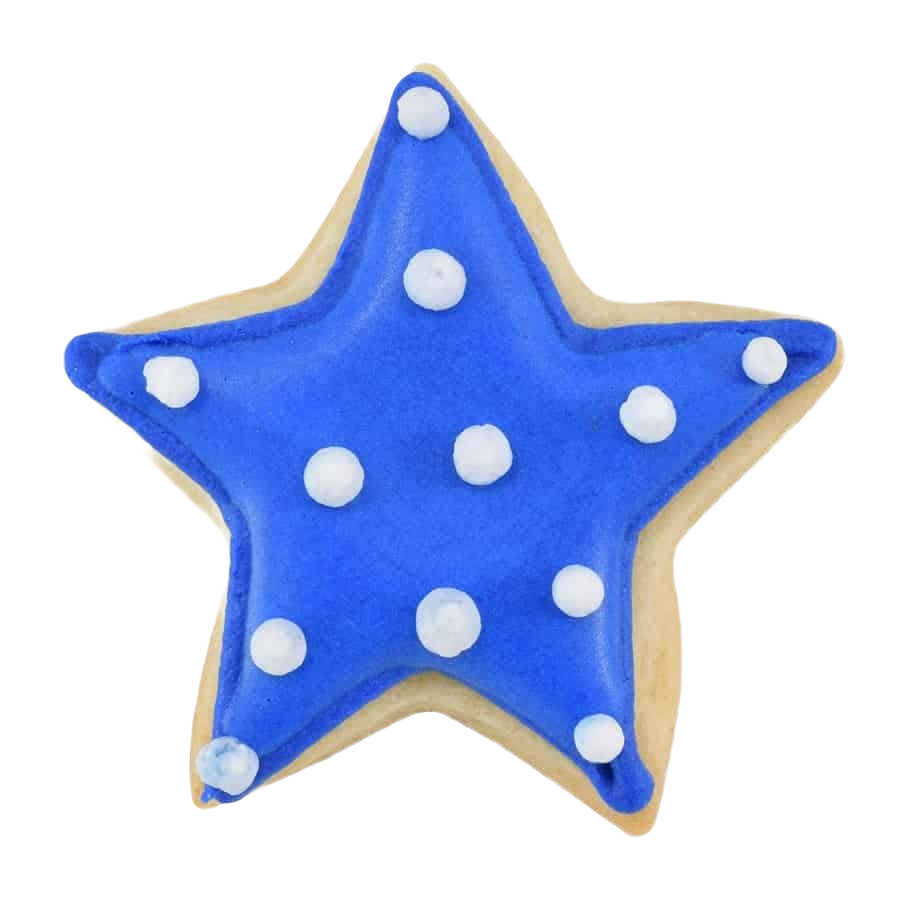 Star-shaped sugar cookie decorated with blue icing and white icing dots for festive baking and treats