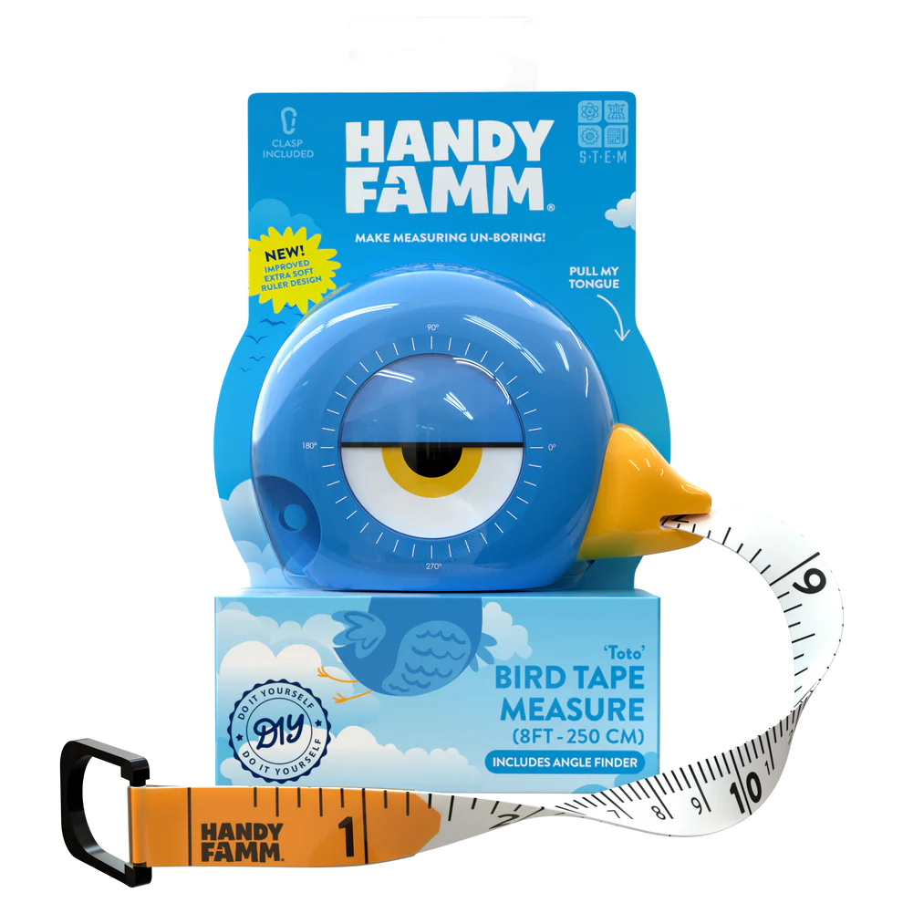 Blue bird-shaped measuring tape with pull-out tape and angle finder in educational toys and games collection