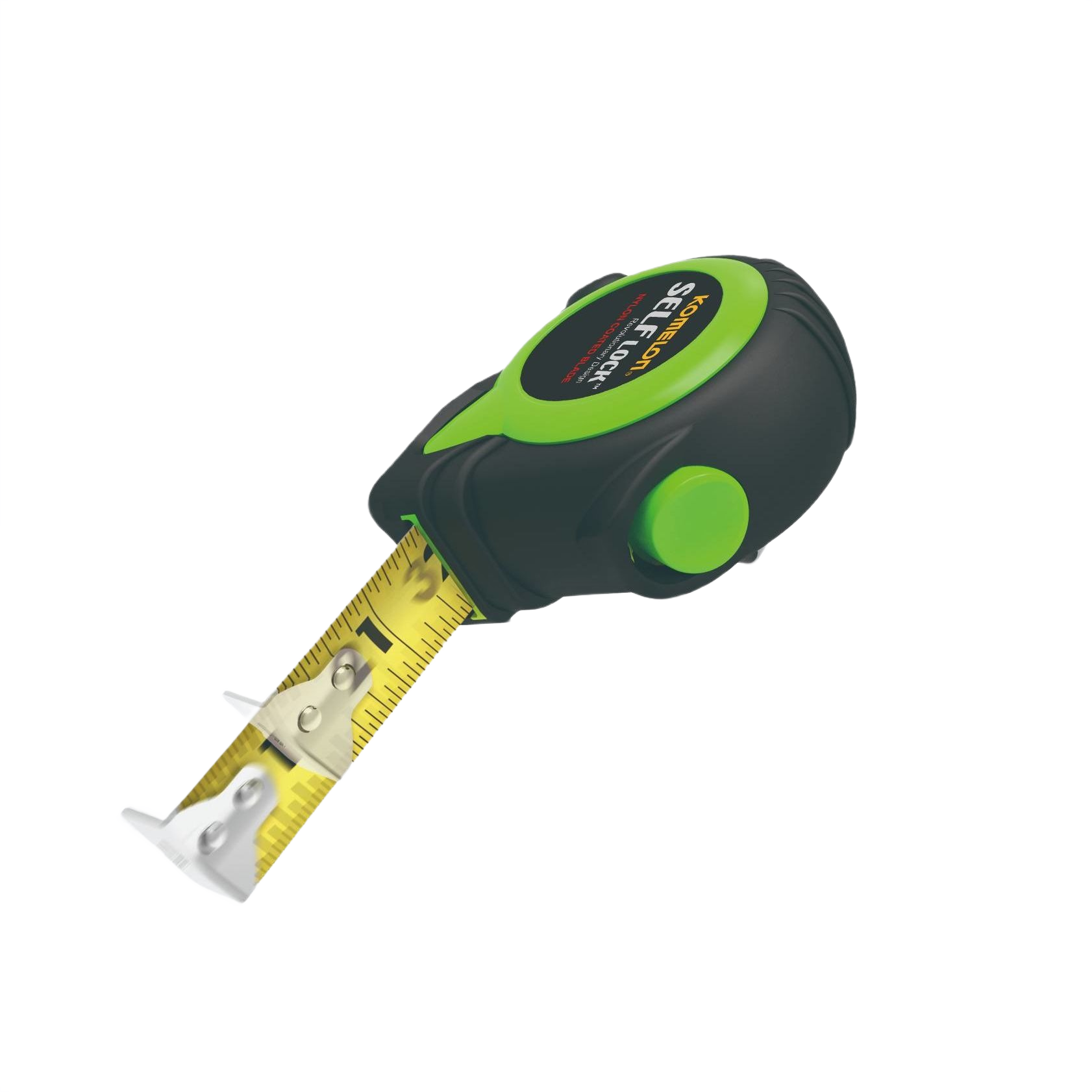 Compact black and bright green measuring tape with 25-foot nylon-coated blade for woodworking and home improvement tools collection