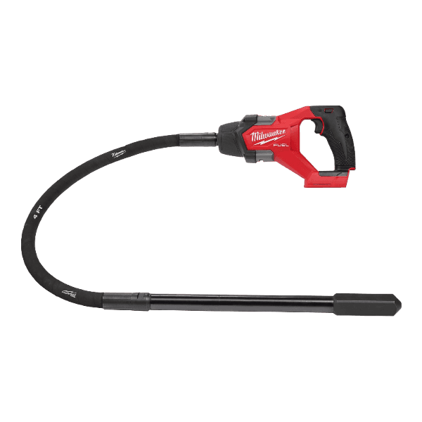 Red and black cordless concrete pencil vibrator with flexible shaft for tools and home improvement projects