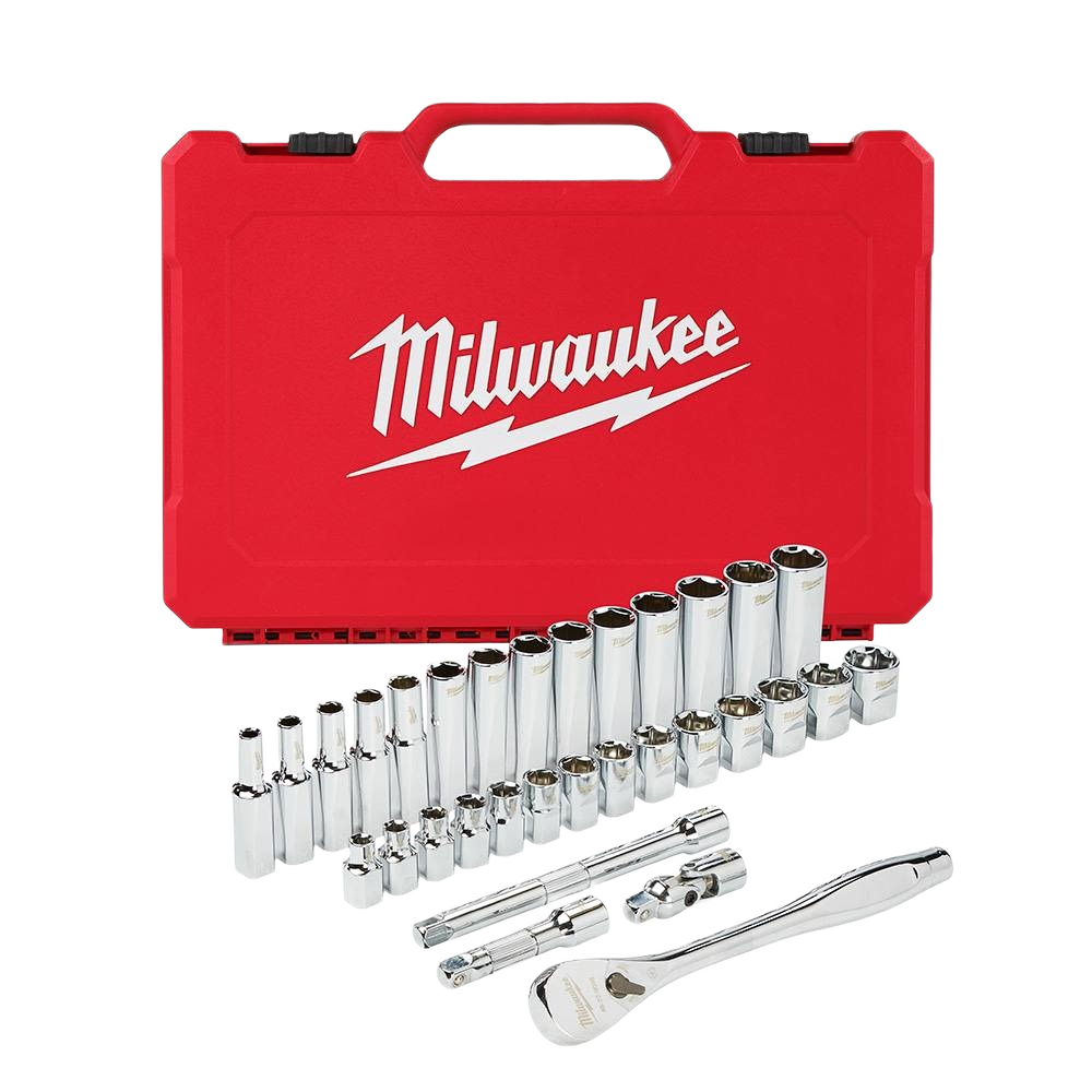 Red Milwaukee steel case with polished chrome metric socket set and 3/8" drive ratchet for hand tool collections