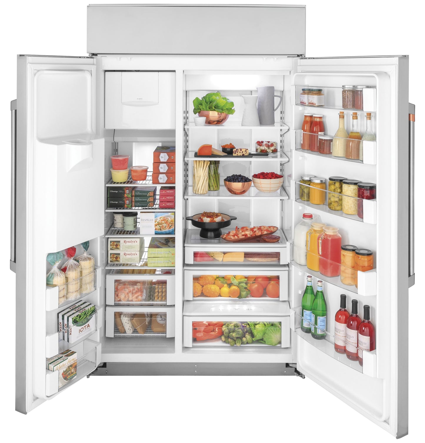 Open built-in side-by-side refrigerator with organized fresh produce, beverages, and food in kitchen and appliances collection