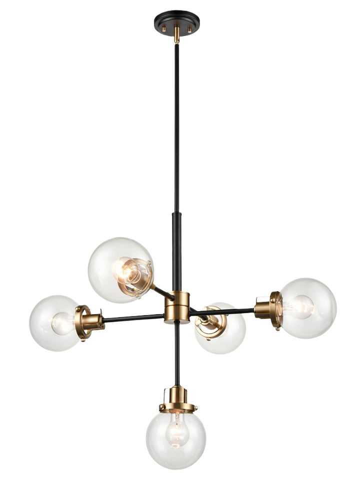 Modern black and gold pendant light fixture with five clear glass globes for contemporary bathroom lighting