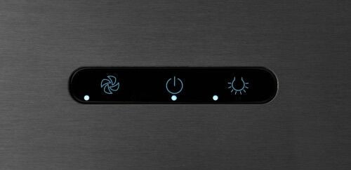 Control panel close-up of black stainless steel pyramidal chimney range hood with fan, power, and lighting icons