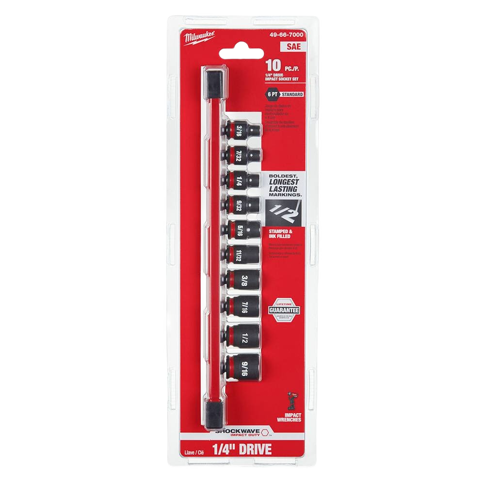 Set of ten black steel 6-point SAE sockets with 1/4 inch drive on red backing for tools and home improvement tasks