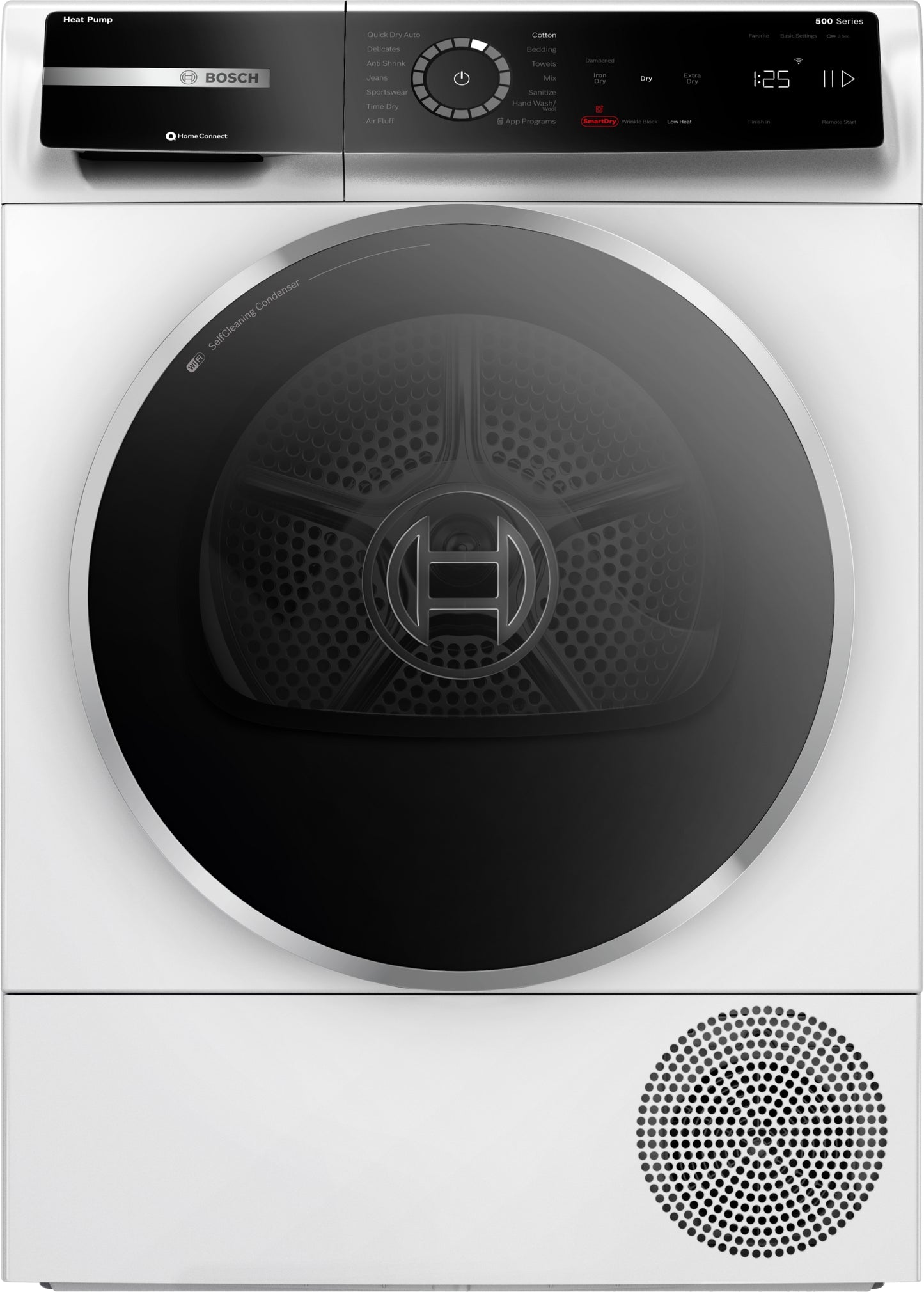 Modern white Bosch 500 Series heat pump dryer with digital control panel from Dryers and Appliances collection