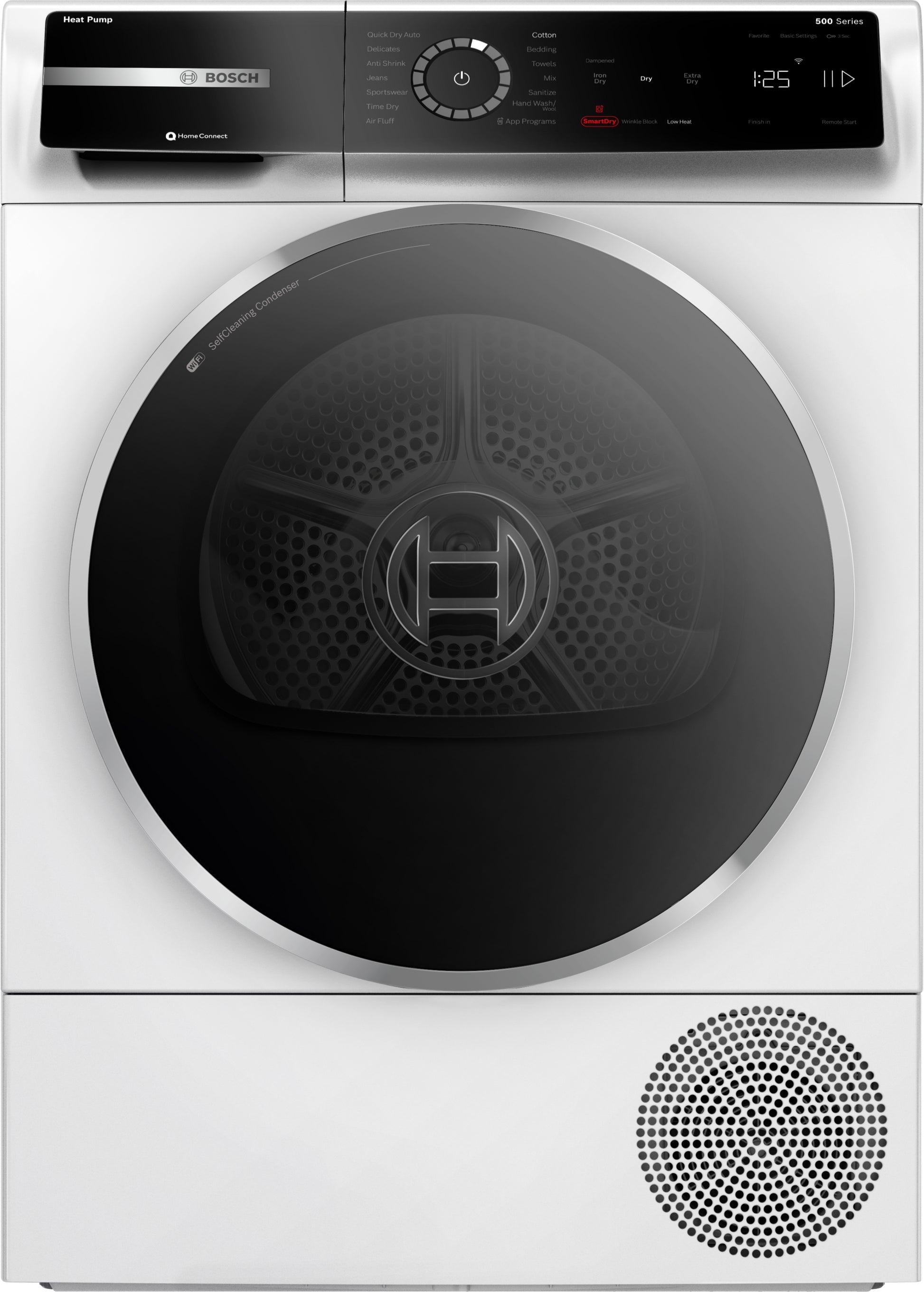 Modern white Bosch 500 Series heat pump dryer with digital control panel from Dryers and Appliances collection