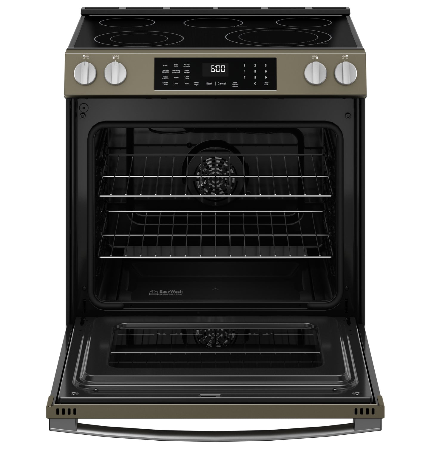 Open front view of a slide-in electric convection range with glass cooktop and digital display in kitchen appliances