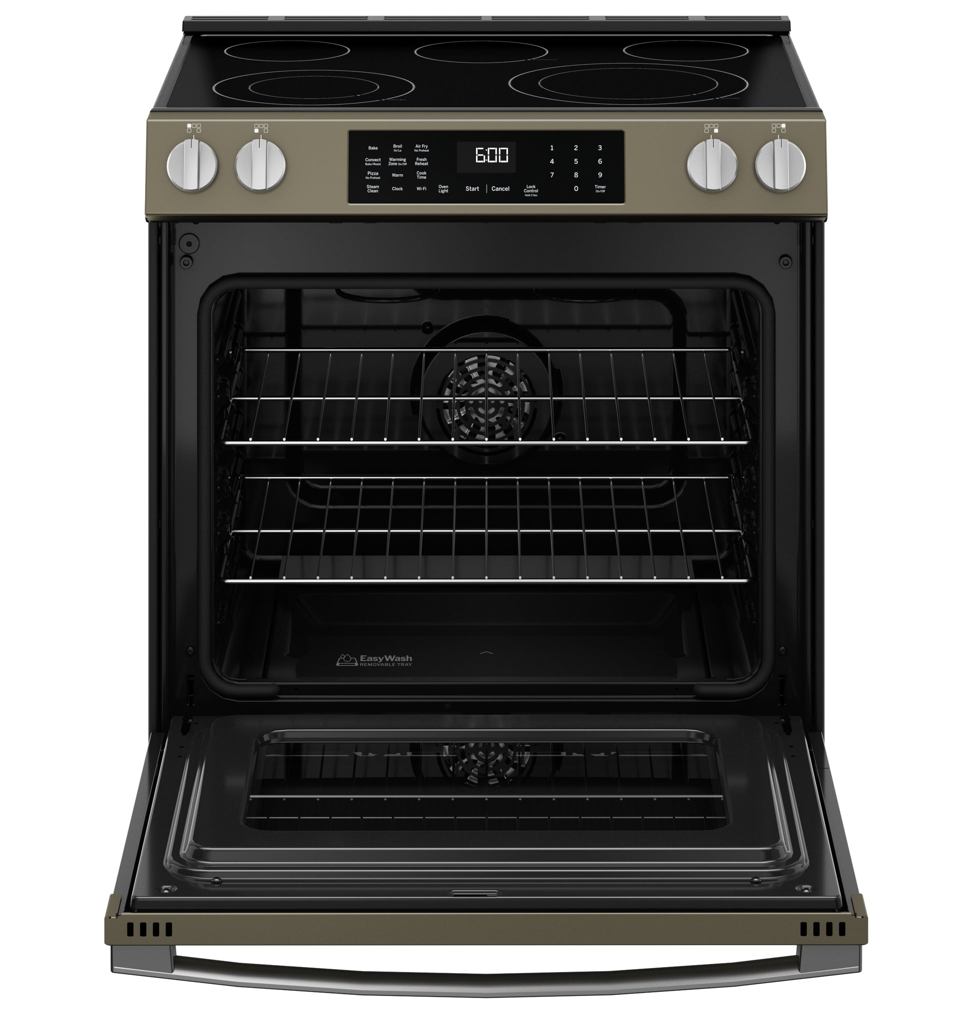 Open front view of a slide-in electric convection range with glass cooktop and digital display in kitchen appliances
