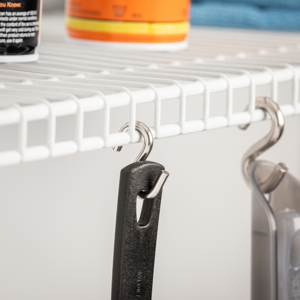 Stainless steel heavy-duty open S hook hanging kitchen utensils on white wire shelving in hardware and fasteners collection