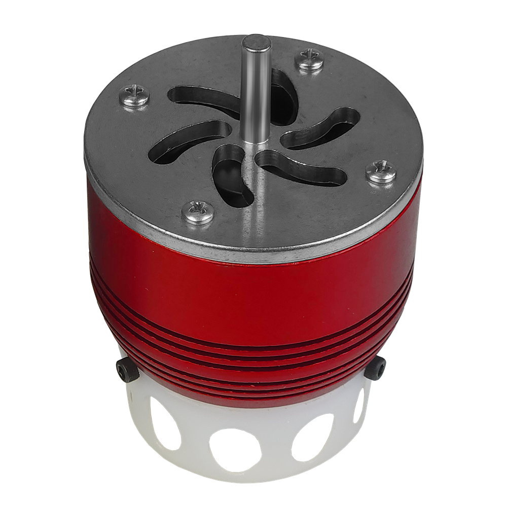 Red aluminum and stainless steel motor component with ventilation holes designed for tools and home improvement use