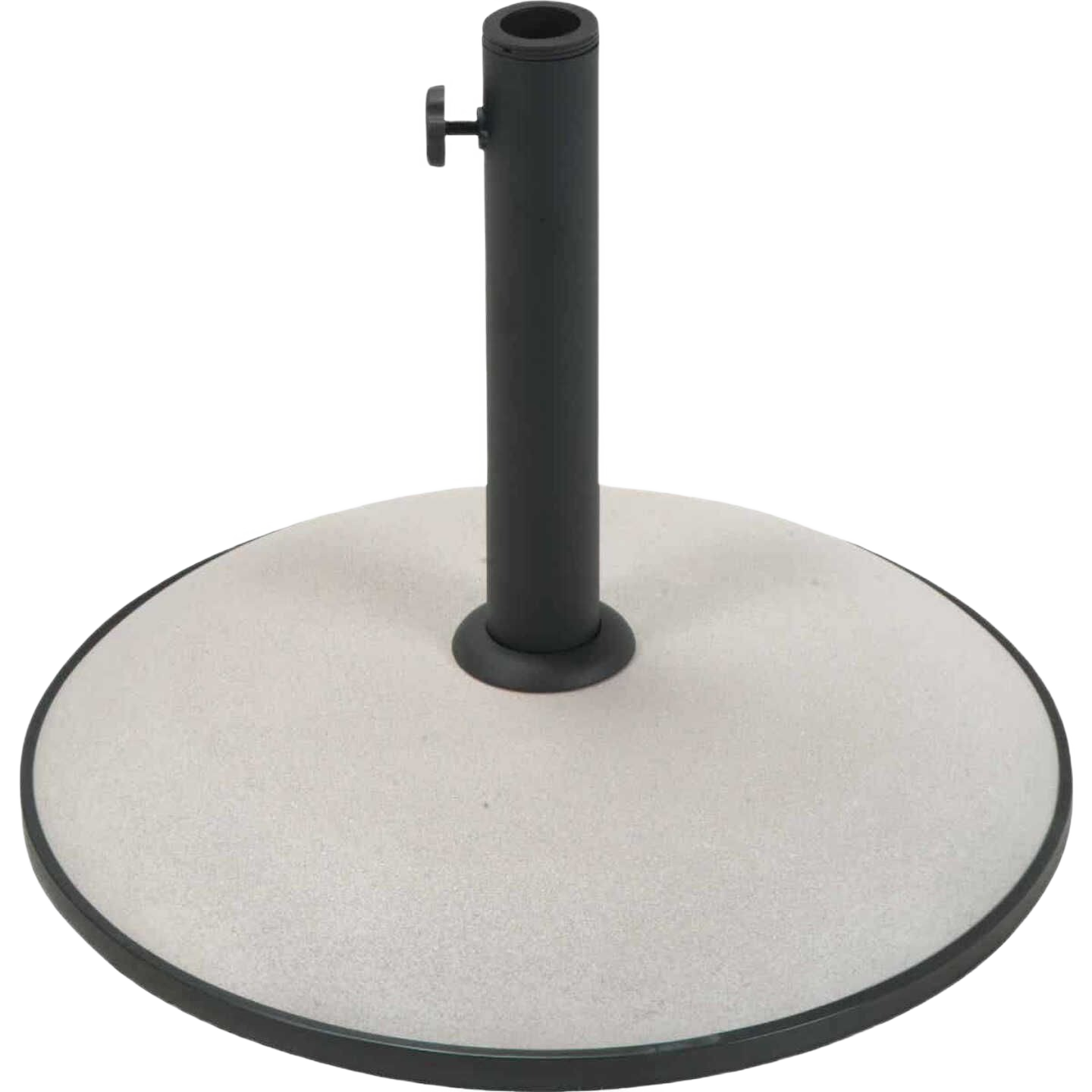 Round tan concrete umbrella base with black metal pole support for patio umbrellas in outdoor living and lawn garden collections