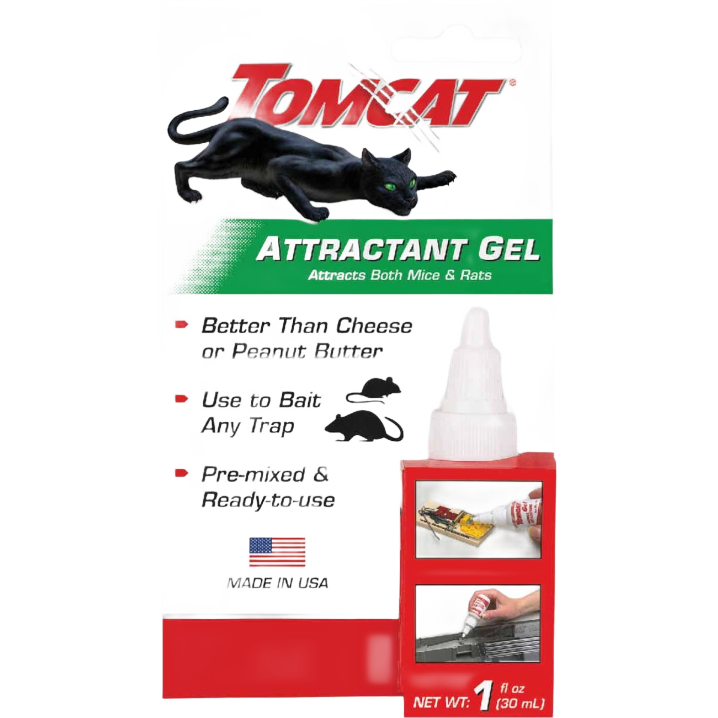 Tomcat attractant gel in red 1 oz bottle for rodent traps, part of pest control and lawn garden supplies