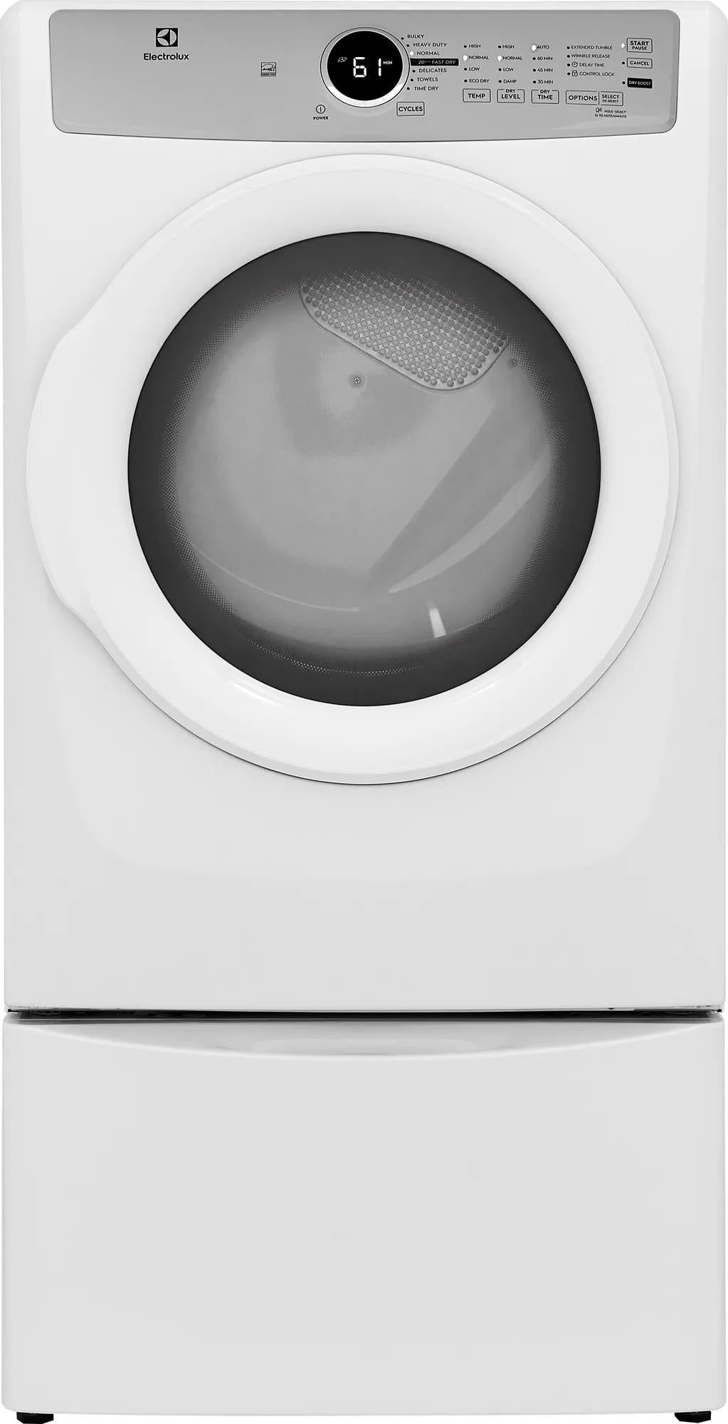 White front load gas dryer with digital control panel and circular door from Dryers and Appliances collections