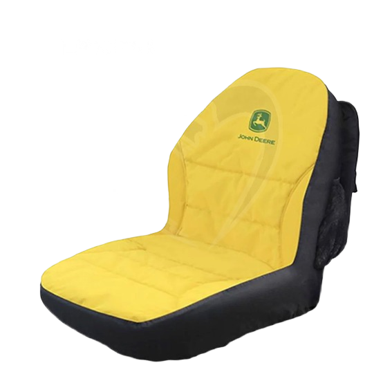 Cushioned yellow and black seat cover for John Deere ZTrak mowers, designed for comfort and durability in automotive use.