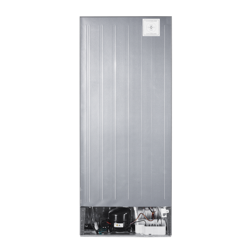 Rear view of a silver refrigerator with exposed compressor and electrical components in appliances collection