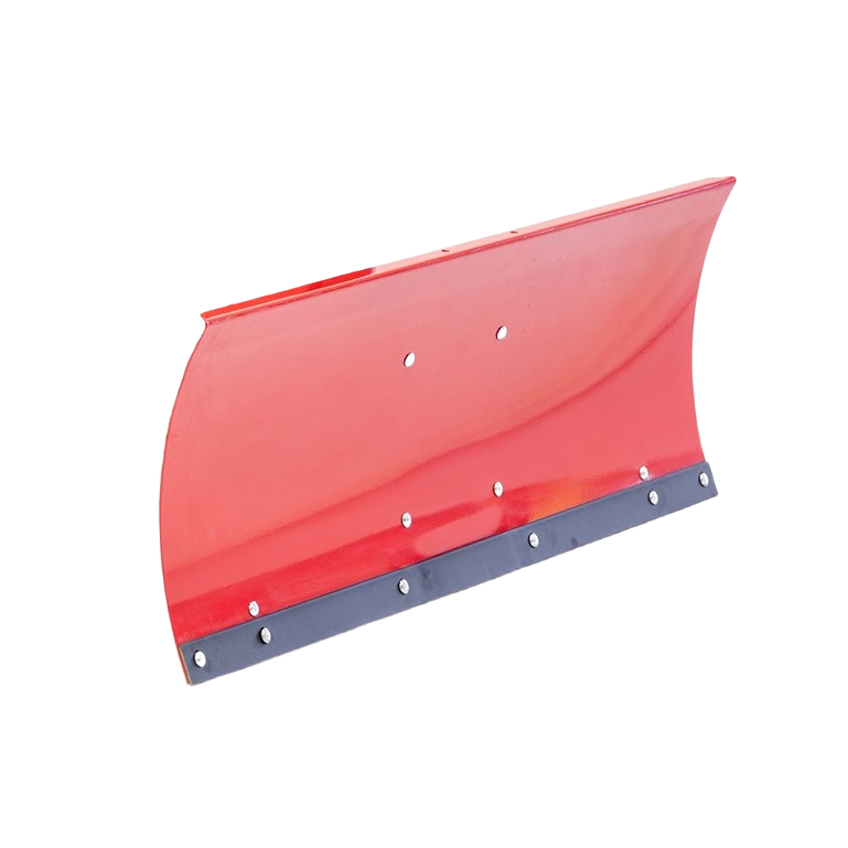 Red curved metal snow plow blade attachment with reinforced cutting edge, part of rental equipment for home improvement at Hartville Hardware.