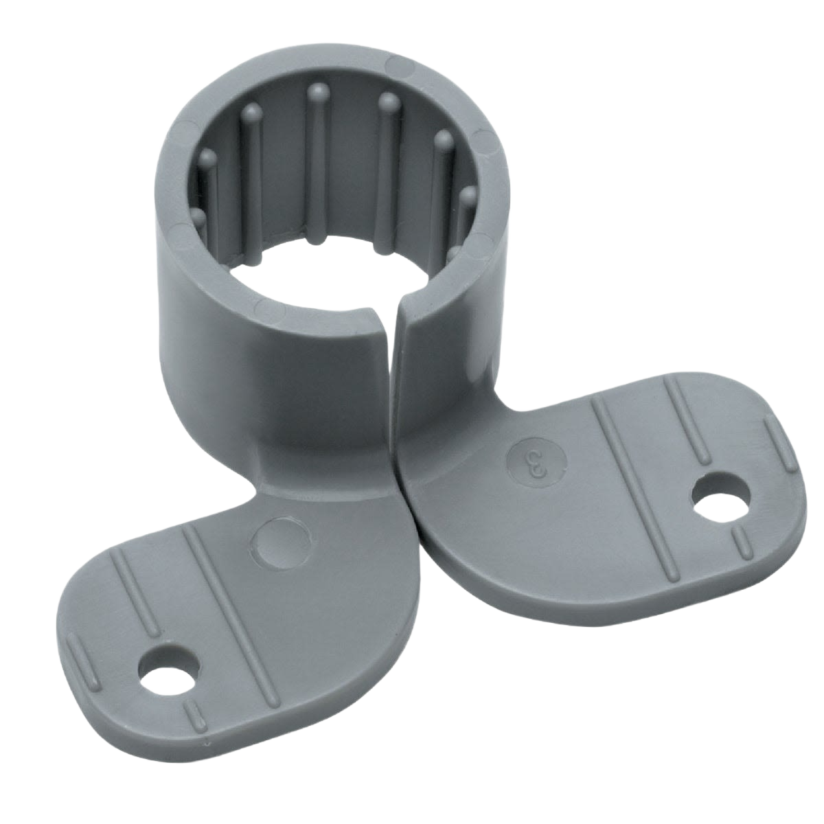Gray plastic nail-on pipe clamp with ribbed interior for plumbing and home improvement applications