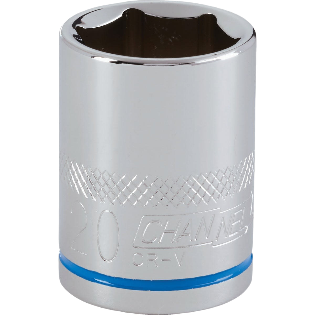 Chrome-finished shallow socket with 6-point design and blue accent for metric tool applications in home improvement tasks