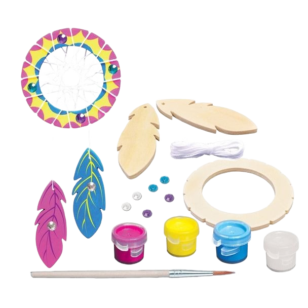 Wood paint kit with colorful paints, wooden feathers, beads, string, and brush for creative home projects