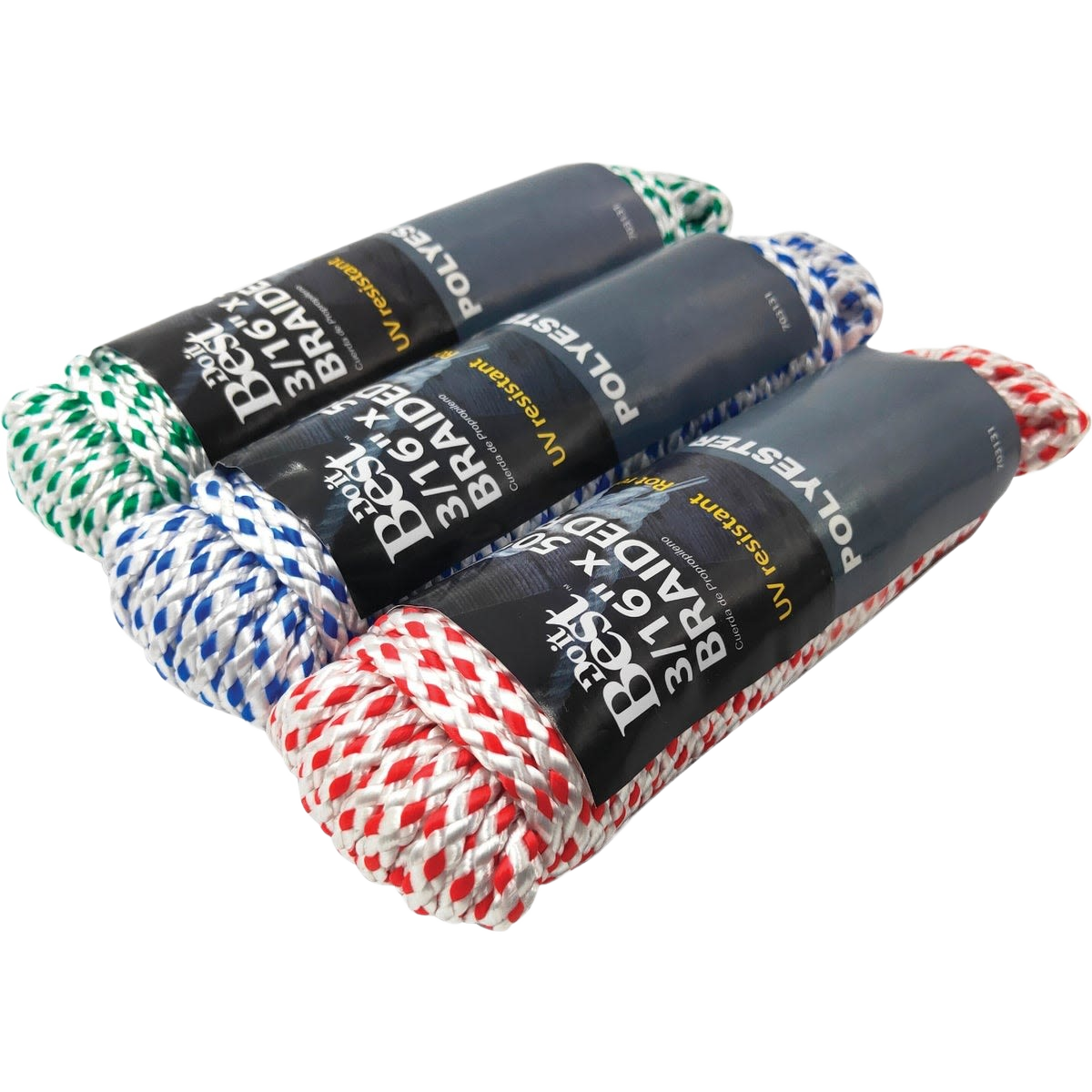 Three packs of assorted color diamond braided polyester rope in red, blue, and green for home improvement projects