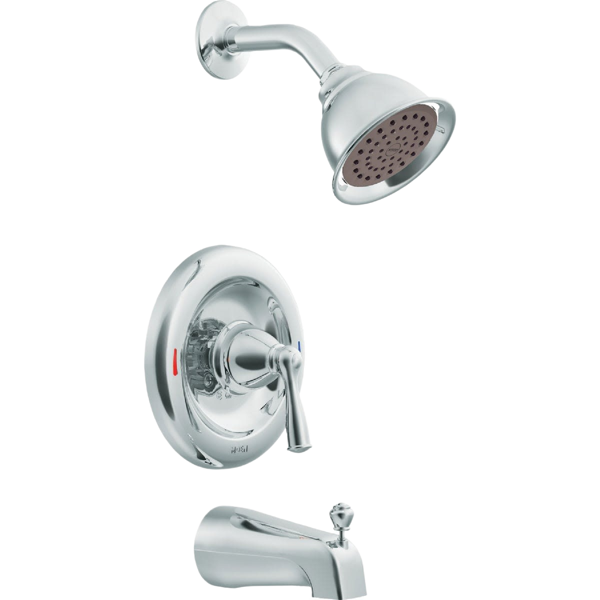Chrome showerhead, single-handle control, and tub spout set for bathroom renovation and home improvement projects