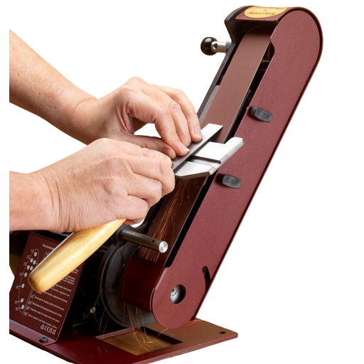 Hands sharpening a tool blade on an adjustable Sorby ProEdge Ultimate motorized sharpening belt system
