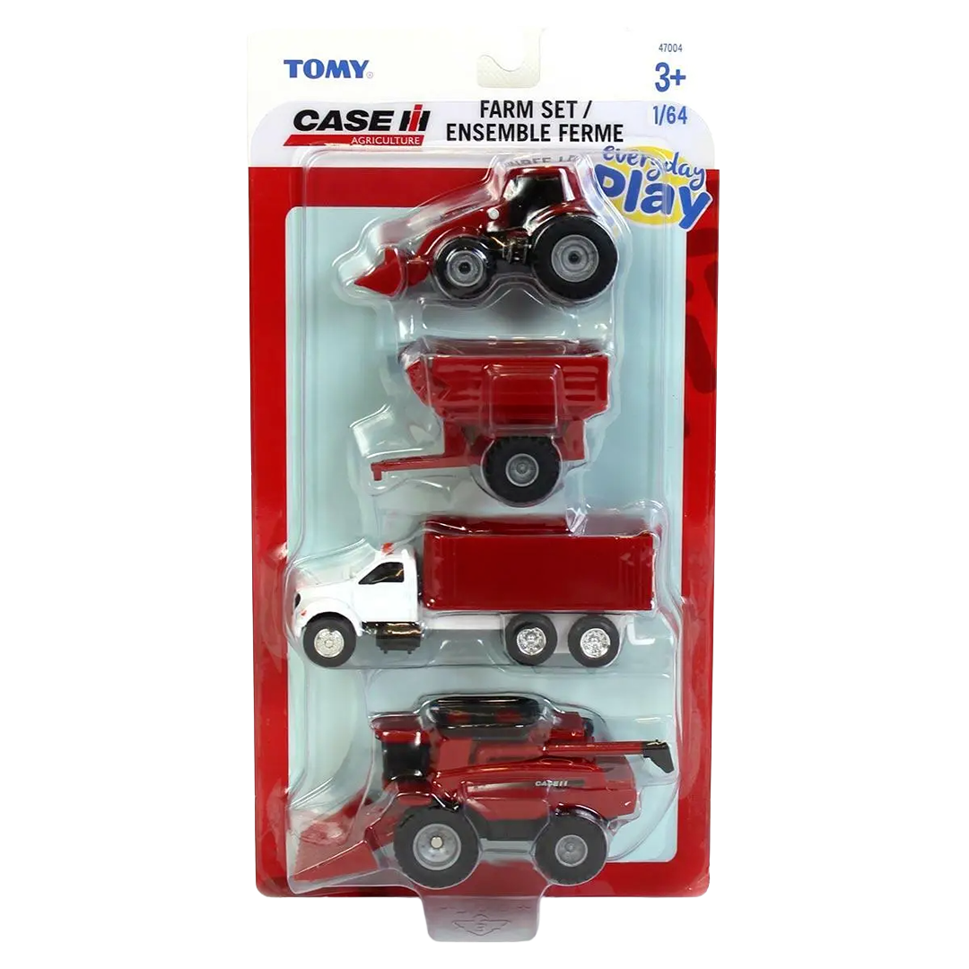 Set of four 1:64 scale farm vehicles including tractor, grain cart, combine harvester, and grain truck for toys and games collections