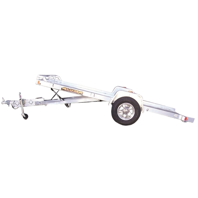 Aluminum tilt utility trailer with single axle and polished wheels designed for versatile hauling in home improvement tasks