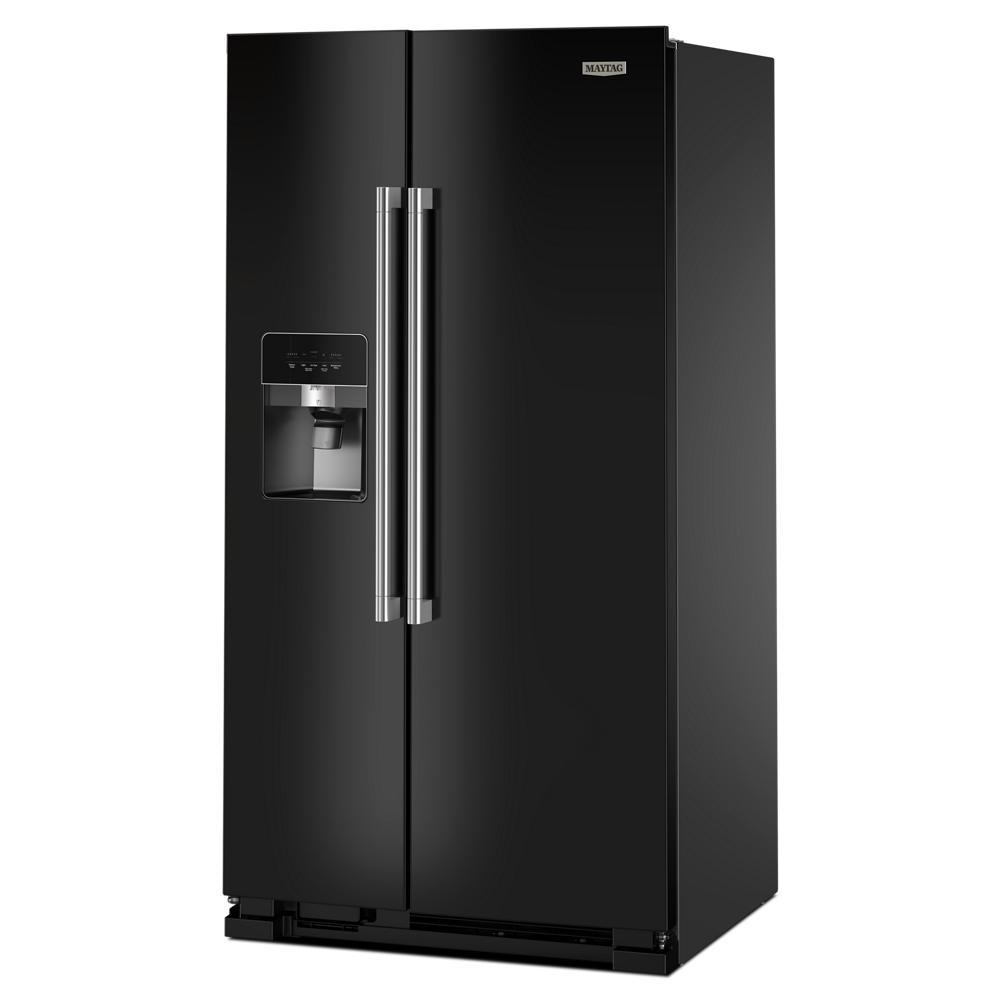 Black side-by-side refrigerator with stainless steel handles and built-in water and ice dispenser from Appliances collection