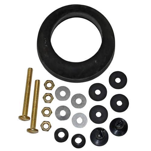 Rubber gasket and assorted washers, nuts, and bolts for toilet tank to bowl repair in home improvement projects