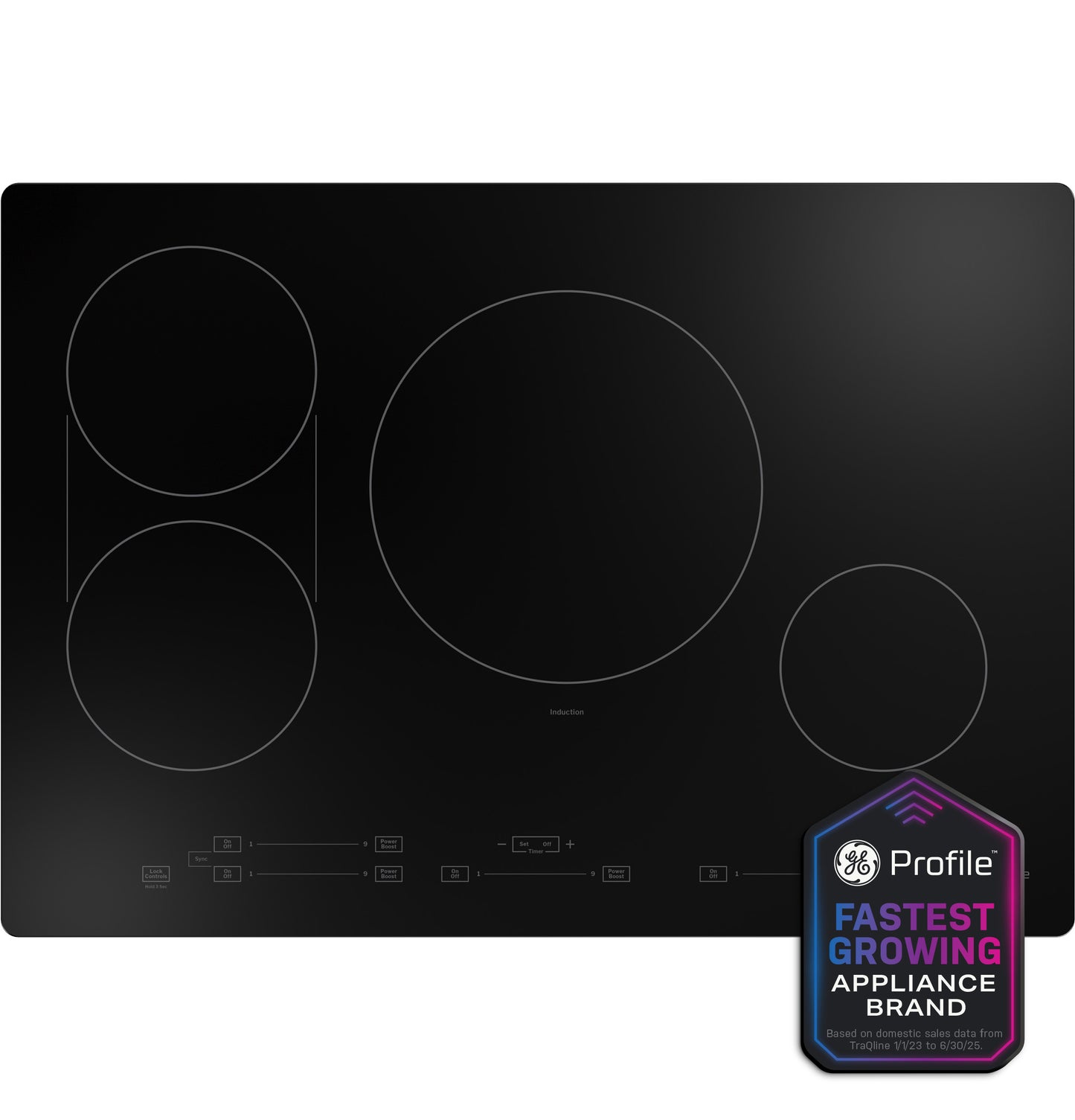 Black built-in induction cooktop with four cooking zones and touch controls from Appliances and Cooktops collections