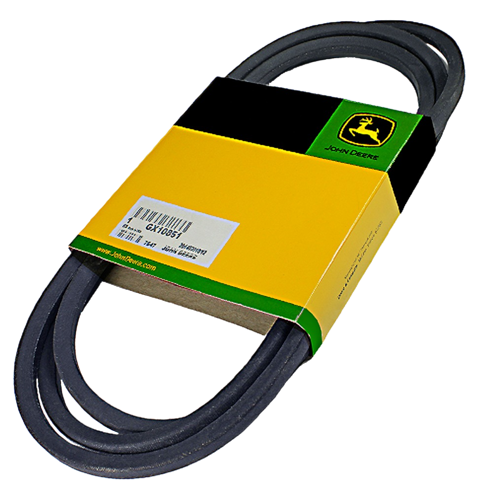 Black rubber V-belt with yellow and green branded packaging for traction drive in tools and home improvement projects