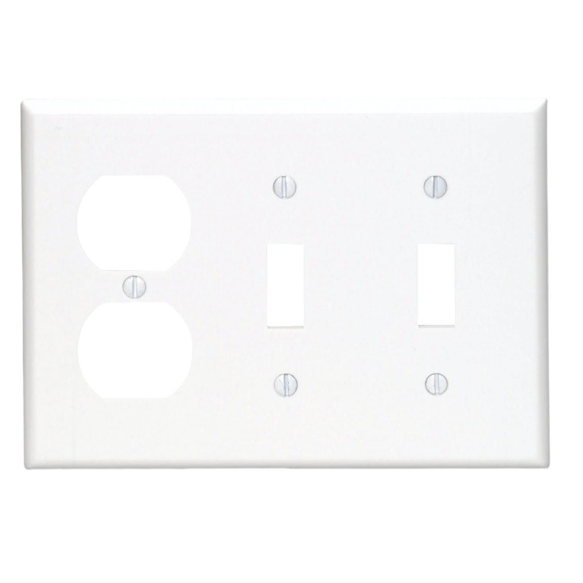 White plastic wall plate with 3-gang combination design for switches and outlets in electrical and home improvement collections